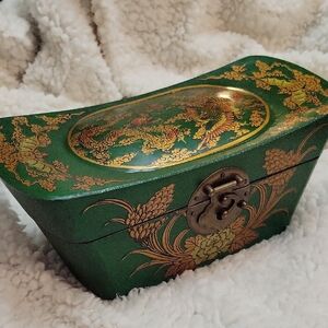 Vintage Asian Collectible Wooden Pillow/Money Box With Dragon And Phoenix